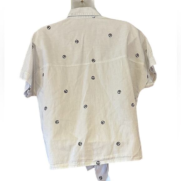 Madewell Womens XS Blue and White Striped Tie Waist Button Up Top Peace Signs - Picture 2 of 6